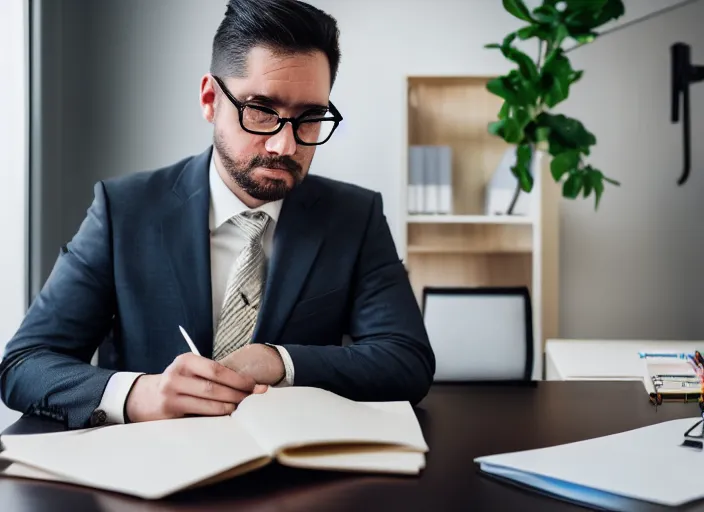 Prompt: photo of a real Mr. Potato in a suit and glasses, reading a document at a desk in an office. Highly detailed 8k. Intricate. Sony a7r iv 55mm. Award winning.