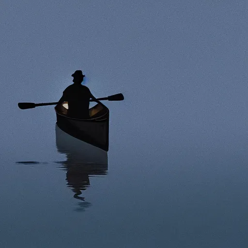 Image similar to wide angle, far view, light coming of a silhouette of a man that is rowing a little boat while its raining, digital art, but as a realistic photo