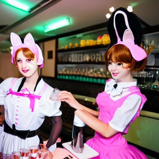 Prompt: Egor Letov serving drinks in maid cafe wearing maid outfit and cat ears professional photography