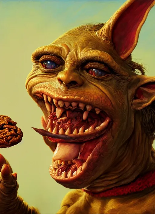 Image similar to highly detailed closeup portrait of a medieval goblin eating cookies, unreal engine, hyung tae, frank frazetta, nicoletta ceccoli, mark ryden, lostfish, earl norem, global illumination, god rays, detailed and intricate environment