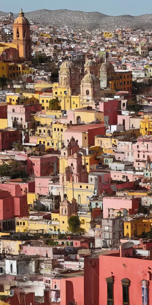 Image similar to symmetry!! arched window in foreground, guanajuato city in background, by wes anderson