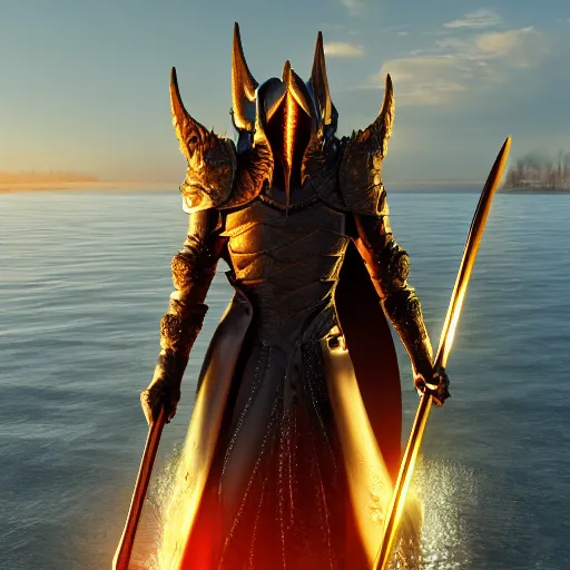 Image similar to lord sauron on his new paddle, digital art, trending on art station, high quality, uhd 8 k, beautiful, golden hour, intricate detail, high gradient, raytracing