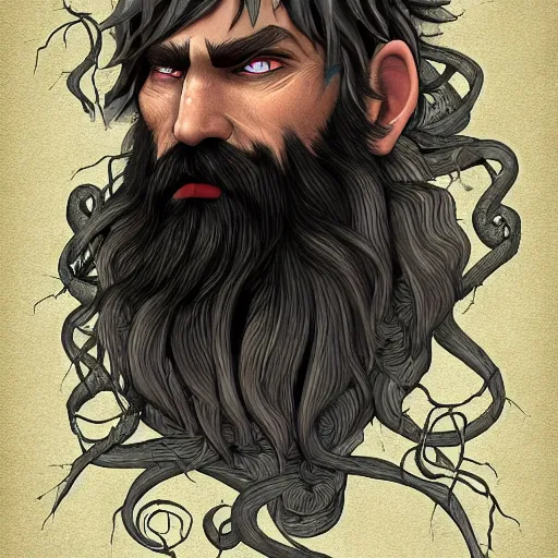 Image similar to middle aged bearded male druid gray skin pointy ears with vines as hair artstation