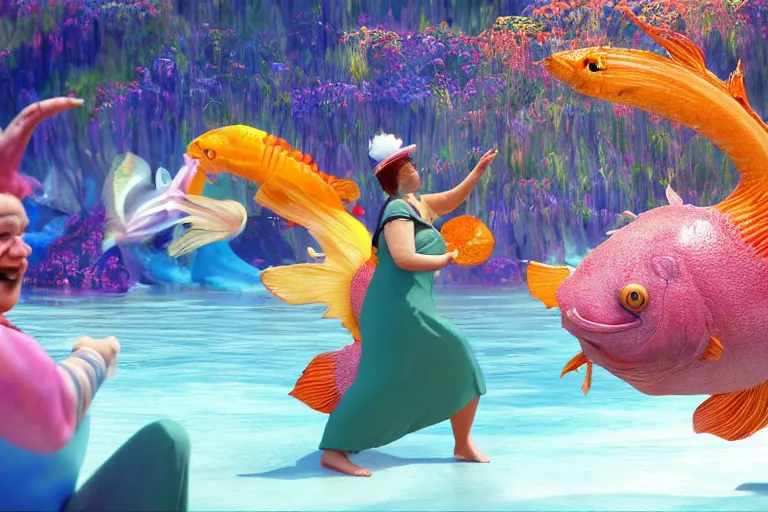 Image similar to of a very beautiful scene. ambient occlusion render. a sweet fat old woman is dancing with a huge colorful fish. hyper realistic. 4 k. wide angle. wild happiness. symmetrical face, red mouth, blue eyes. deep focus, lovely scene. ambient occlusion render. concept art. artstation. unreal engine.