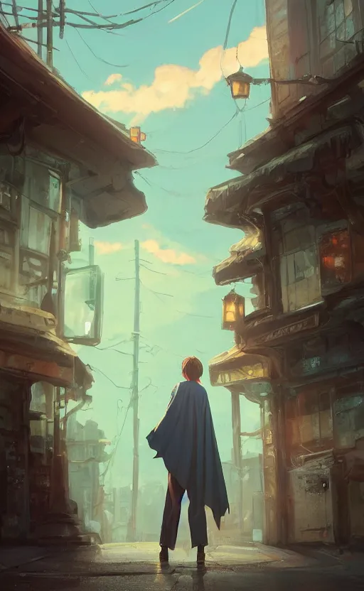 Prompt: a cloaked adventure standing in a winding road, gas lamps. wide view, desolate. digital illustration, very vibrant colors, soft lighting, adventurous, atmospheric lighting, 8K, octane render. By Makoto Shinkai, Stanley Artgerm Lau, WLOP, Rossdraws, James Jean, Andrei Riabovitchev, Marc Simonetti, krenz cushart, Sakimichan, D&D trending on ArtStation, digital art.