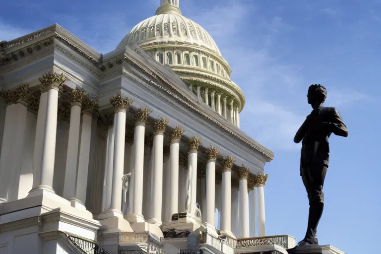 Prompt: A large dollar sign statue outside of the United States Capitol, 4k, award winning photo