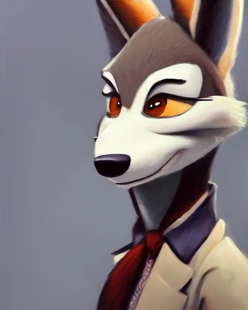 Image similar to oil painting of anthromorphic female wolf, in style of zootopia, zootopia, zootopia, fursona, furry, furaffinity, 4 k, deviantart, furry art, fursona art, wearing black business suit, business suit, in style of zootopia, wolf fursona, cyberpunk, female, expressive detailed feminine face,