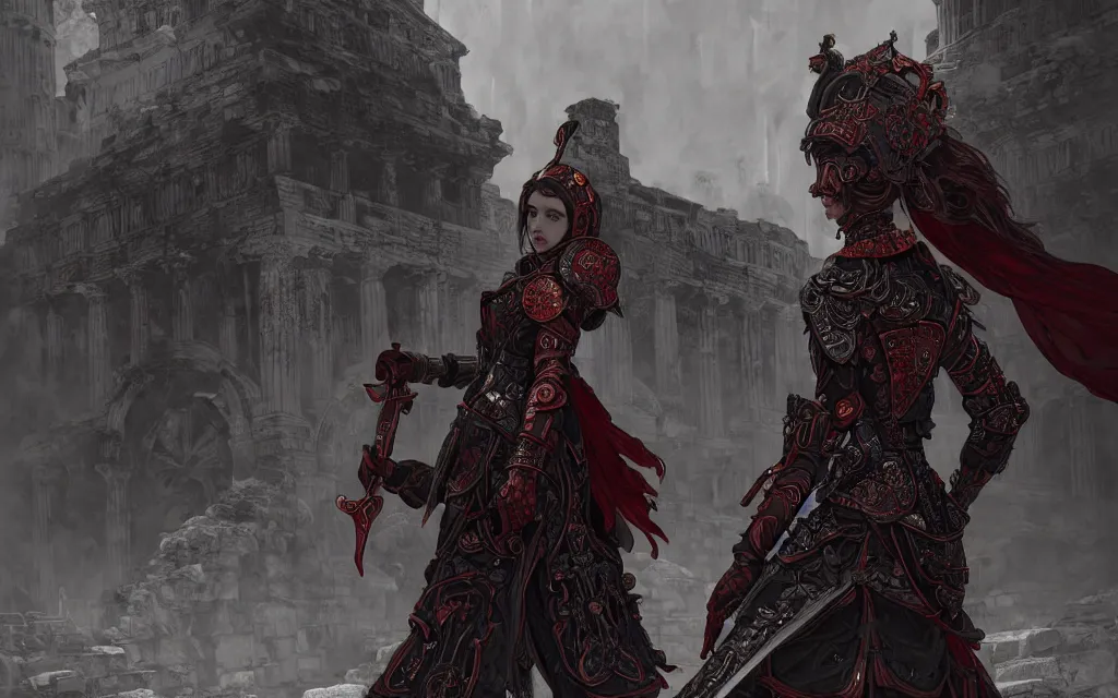 Image similar to portrait knights of zodiac girl, matt black and little red armor, in ruined agora of athens, ssci - fi and fantasy, intricate and very very beautiful and elegant, highly detailed, digital painting, artstation, concept art, frostbite engine, smooth and sharp focus, illustration, art by tian zi and wlop and alphonse mucha