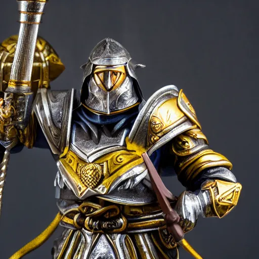 Prompt: Paladin of Moradin Holding up his mace in power, 4k, 15mm lens
