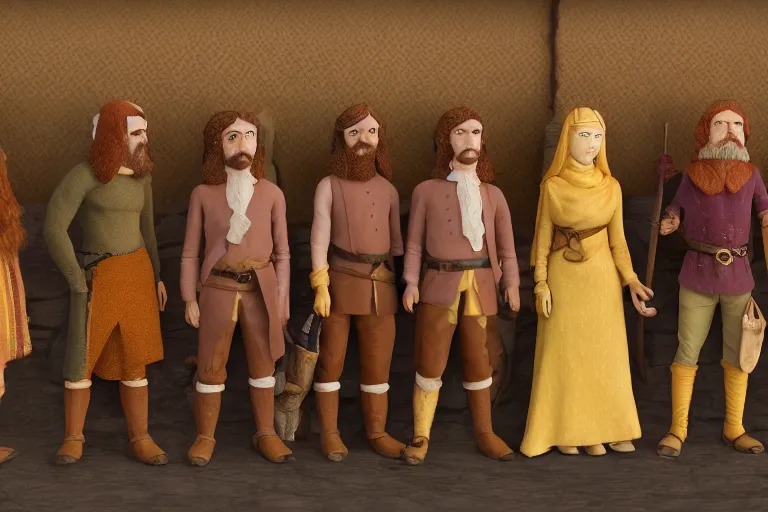 Image similar to A group of 5 high fantasy adventurers lined up for a group portrait, Screenshot of Wes Anderson's New RPG Movie, directed by Wes Anderson, Chest high, Photo realistic, Regal, Formal, Cinematic, Symmetrical, Satisfying dynamic lighting, Highly Detailed, Cinematic Lighting, 8k, HD