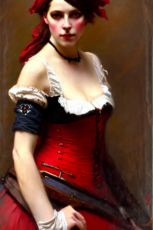Image similar to solomon joseph solomon and richard schmid and jeremy lipking victorian genre painting full length portrait painting of a young beautiful woman wearing gloves traditional german french actress model pirate wench in fantasy costume, red background