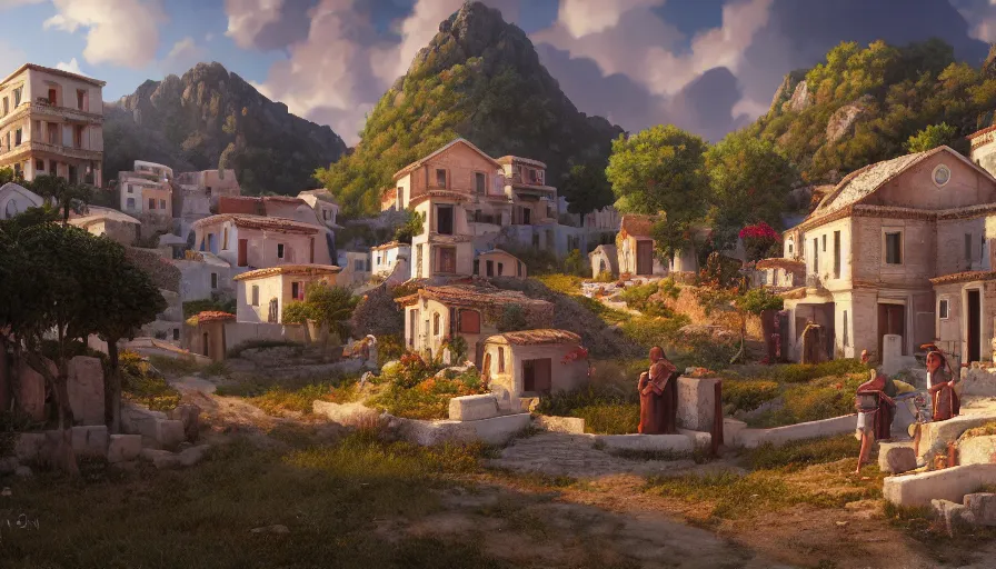 Image similar to very very small greek village, by ilya kuvshinov, rtx rendering, octane render 1 2 8 k, maya, extreme high intricate details by tom bagshaw, medium shot, close up shot, composition by sana takeda, lighting by greg rutkowski