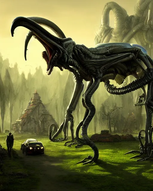 Prompt: xenomorph taxi car in a fantasy village, calming, uplifting mood, ultra realistic, farm, small buildings, highly detailed, epic lighting, elves, green plants, magic, illuminated, cinematic, morning sun, art by eddie mendoza