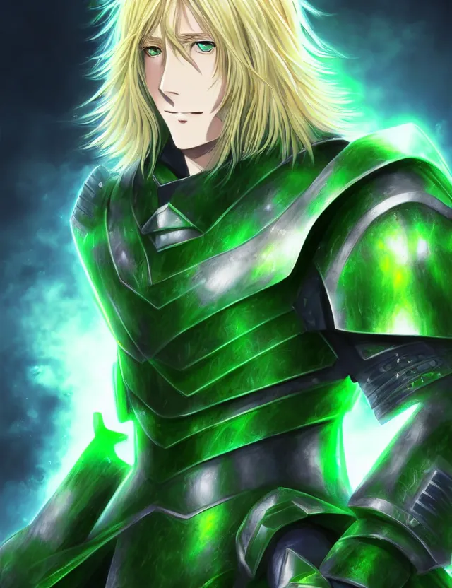 Prompt: an excellent anime portrait of a long haired blonde man with blue eyes in green armour glowing with green energy, trending on artstation, digital art, 4 k resolution, detailed, high quality, sharp focus, hq artwork, coherent, insane detail, character portrait, body portrait