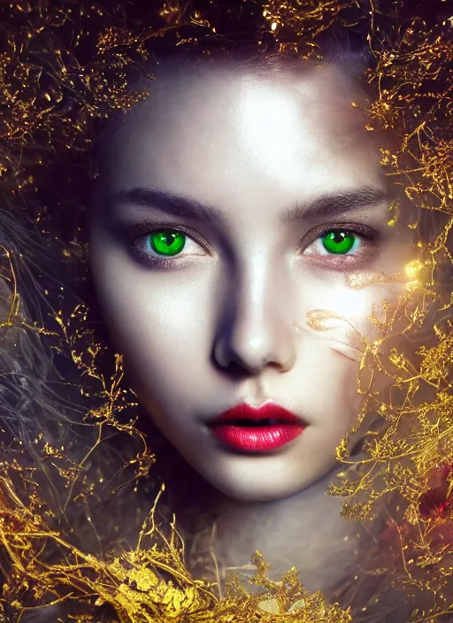 Image similar to glowing silver and golden elements, full close-up portrait, young female model from shutterstock as a dark witch, book cover, green forest, white moon, red lips, establishing shot, extremly high detail, photo-realistic, cinematic lighting, pen and ink, intricate line drawings, by Yoshitaka Amano, Ruan Jia, Kentaro Miura, Artgerm, post processed, concept art, artstation, matte painting, style by eddie, raphael lacoste, alex ross