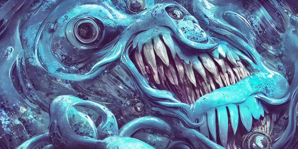 Image similar to of an intricate deep sea with strange cute friendly happy creatures with huge eyes, long tongue, round teeth and goofy funny face, appearing from the background, in the style of gehry and gaudi, macro lens, shallow depth of field, ultra detailed, digital painting, trending artstation, concept art, illustration, cinematic lighting, photorealism, epic, octane render