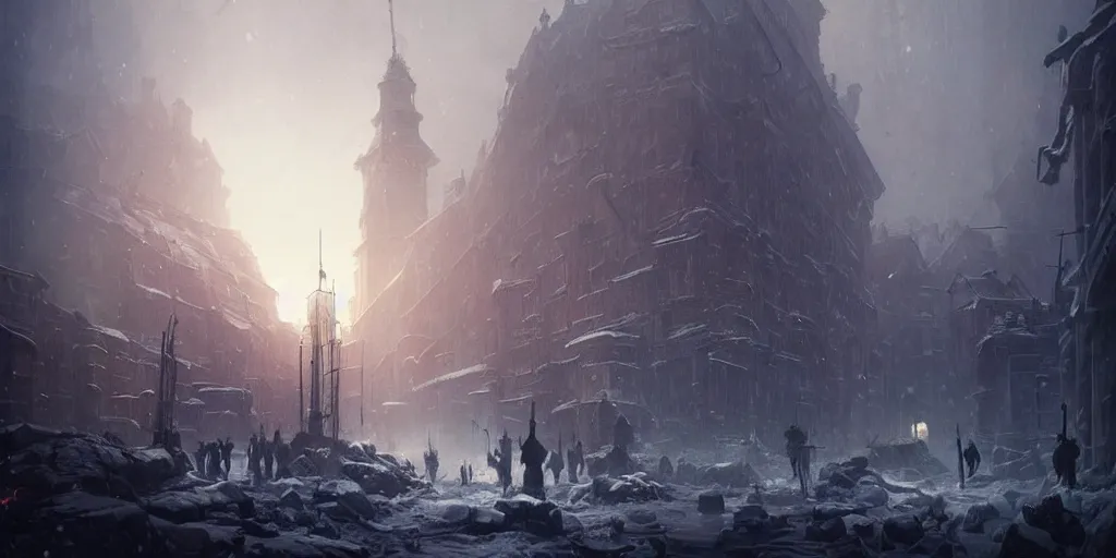 Image similar to frostpunk the city of warsaw, poland. fantasy art by greg rutkowski, gustave courbet, rosa bonheur, edward hopper. faithfully depicted architecture, realistic, sharp focus, global illumination, radiant light, detailed and intricate environment, trending on artstation