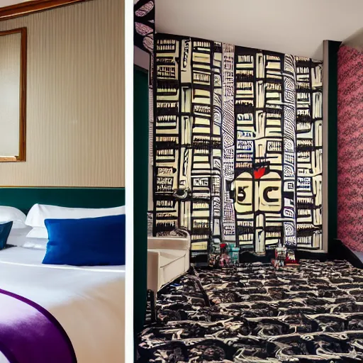 Image similar to photography of theme park hotel room themed to retro new york city motif. bed has new york city blankets. wall has new york city pattern. furniture has new york city motif. furniture is shaped like new york city. carpet has new york city subway map design. lighting has retro new york