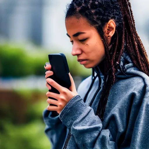 Image similar to candid photographic portrait of a poor techwear mixed young woman using a phone inside a dystopian city, closeup, beautiful garden terraces in the background, sigma 85mm f/1.4, 4k, depth of field, high resolution, 4k, 8k, hd, full color