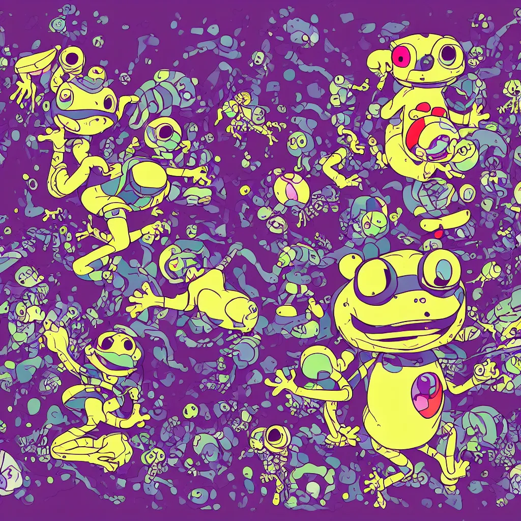 Image similar to toads, frogs, ryuta ueda artwork, breakcore, style of jet set radio, y 2 k, gloom, space, cel - shaded art style, indigo rainbow, data, minimal, takashi murakami artwork, code, cybernetic, dark, eerie, cyber