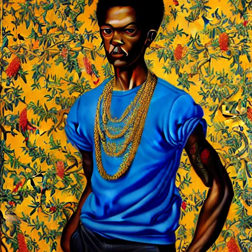 Prompt: A portrait of a scrawny stylish and beautiful non-binary person, oil painting by Kehinde Wiley, majestic, detailed, high resolution