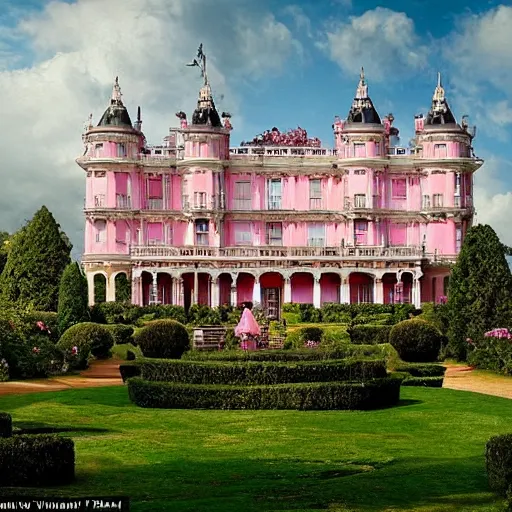 Image similar to victorian palace with beautiful gardens on pink fluffy clouds adopts the language of rococo, reimagining the dynamism of works by eighteenth - century artists such as giovanni battista tiepolo, francois boucher, nicolas lancret and jean - antoine watteau through a filter of contemporary cultural references including film, food and consumerism