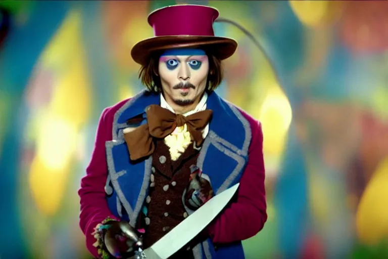 Image similar to cinematic still of johnny depp playing a whimsical character holding a large knife covered in dripping fudge in willy wonka & the chocolate factory film directed by tim burton, movie still, long lens, shallow depth of field, bokeh, anamorphic lens flare