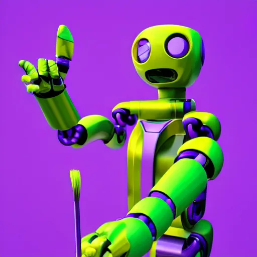 Prompt: a photorealistic 3 d render made in blender of a colourful friendly robot being poked by a man with a stick. background is a purple gradient