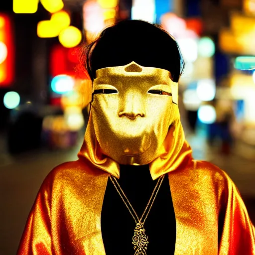 Prompt: japanese female balaclava mask with golden necklace and kimono, photo portrait, beautiful female model, tokyo, city neon light, bokeh, long exposure, kodak promax 4 0 0, sony lens, golden fractals and dmt