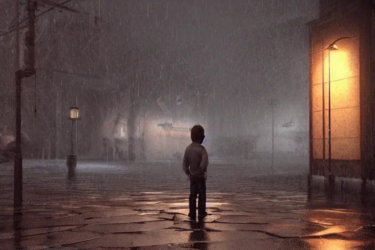 Image similar to boy lonely in rain , wide angle low cinematic lighting atmospheric realistic octane render highly detailed in he style of craig mullins, full hd render + 3d octane render + unreal engine 5 + Redshift Render + Cinema4D + C4D + Rendered in Houdini + Houdini-Render + Blender Render + Cycles Render + OptiX-Render + Povray + Vray + CryEngine + LuxCoreRender + MentalRay-Render + Raylectron + Infini-D-Render + Zbrush + DirectX + Terragen + Autodesk 3ds Max + After Effects + 4k UHD + immense detail + interdimensional lightning + studio quality + enhanced quality