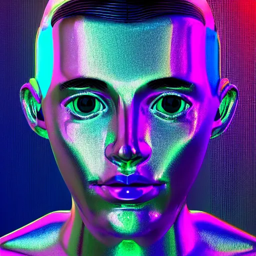 Image similar to 3d render of holographic human robotic head made of glossy iridescent, surrealistic 3d illustration of a human face non-binary, non binary model, 3d model human, cryengine, made of holographic texture, holographic material, holographic rainbow, concept of cyborg and artificial intelligence