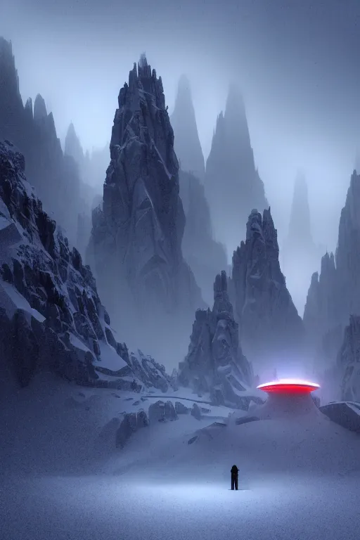 Image similar to futuristic atmosphere in the snowy mountains dolomites 3 d concept art, red lasers, cinematic lighting, rule of thirds, depth of field, intricate details, building by zaha hadid, stormy weather, emissary space by arthur haas and bruce pennington and john schoenherr, cinematic matte painting, dark moody colors, trending on artstation, featured on behance