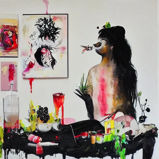 Image similar to “ a portrait in a female art student ’ s apartment, sensual, a pig theme, art supplies, paint tubes, ikebana, herbs, a candle dripping white wax, black walls, squashed berries, berry juice drips, acrylic and spray paint and oilstick on canvas, surrealism, neoexpressionism ”