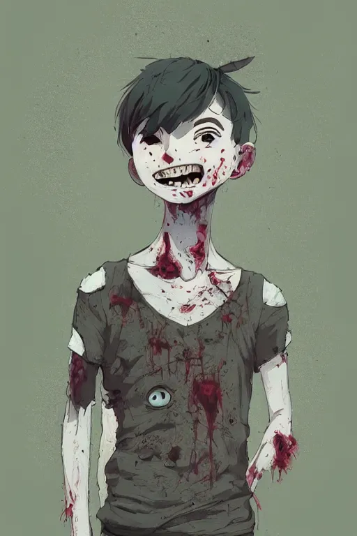 Image similar to urban school zombie boy in tattered clothes fanart, dark green short hair, muted colors, matte print, pastel colors, ornate, digital art, cute smile, digital painting, fan art, elegant, pixiv, by Ilya Kuvshinov, by Studio Ghibli