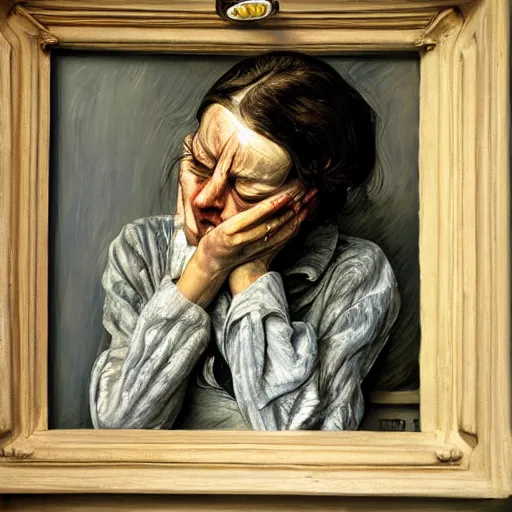 Image similar to high quality high detail painting by lucian freud, hd, crying young woman portrait by the window, photorealistic lighting