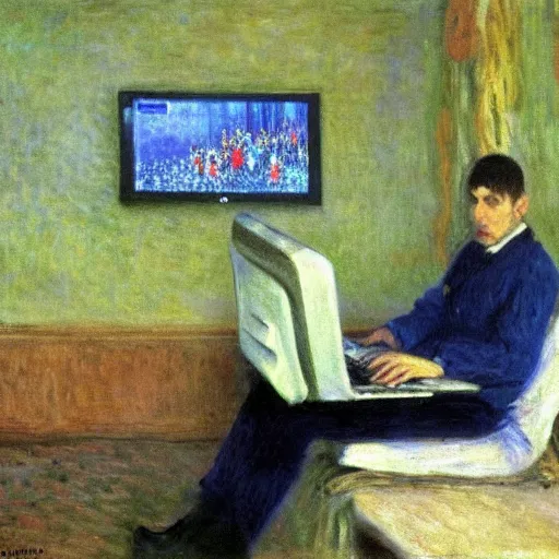 Prompt: monet painting of a skinny man playing warzone on a computer, a soccer game is on the tv behind him, highly detailed, realistic,