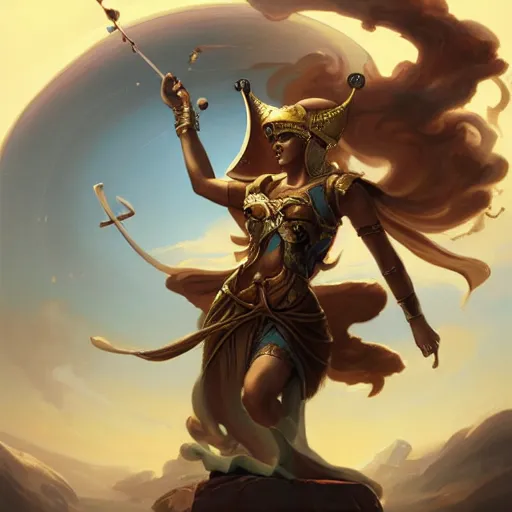 Image similar to Athena of Abyssinia, defeats Chronos with gold throwing disc, by Peter Mohrbacher:5 Trending on Artstation:5