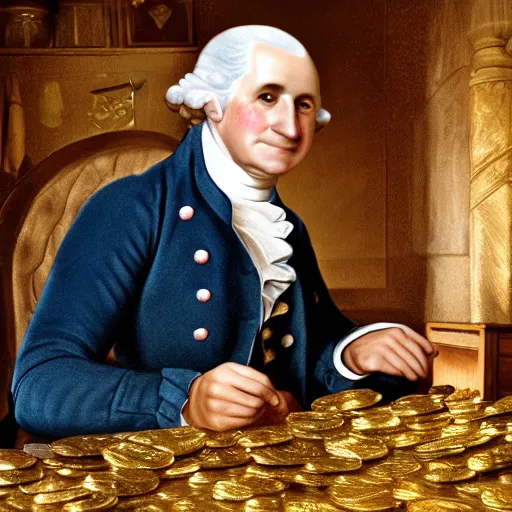 Image similar to a closeup photorealistic photograph of a happy George Washington inspecting small gold Doubloon coins at his home on Cherry Street. This 4K HD image is Trending on Artstation, featured on Behance, well-rendered, extra crisp, features intricate detail and the style of Unreal Engine.