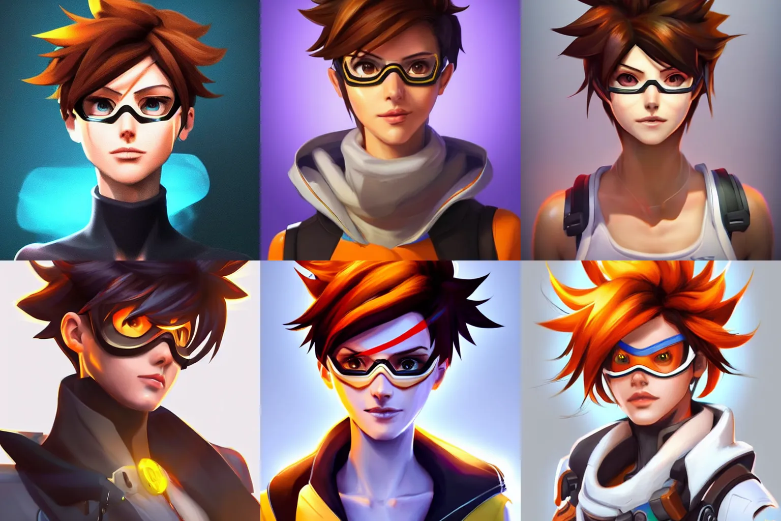Prompt: portrait of Tracer from Overwatch, centered, face forwards, digital concept art, professional, digital art, 2d, stylized, beautiful, colorful, clean and simple, warm lighting, Krita, Artstation, Pinterest