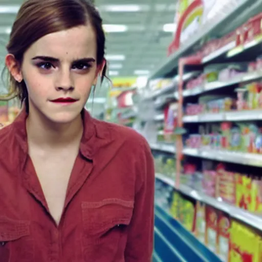 Prompt: emma watson, inside kmart, film still,