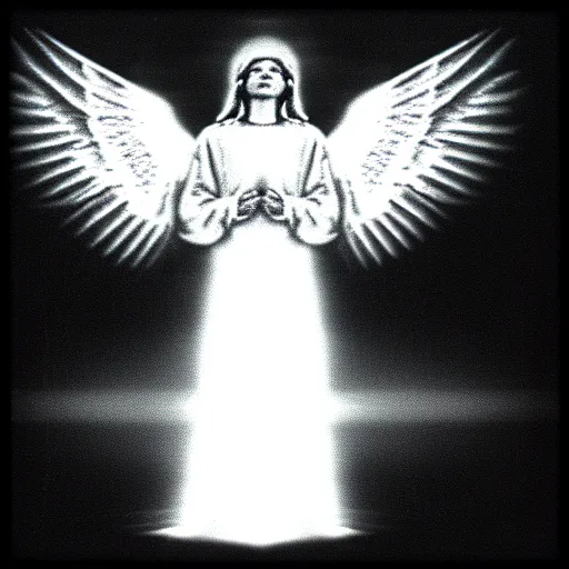 Image similar to vhs static overlay of angel apparition, vhs, 1 9 9 0, beautiful, highly realistic, highly detailed, vhs noise static, black and white, vhs glitch