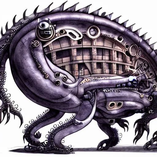Prompt: a mechanical blueprint of a lovecraftian mechanized funny bull belly dragon, wide shot,, muted colors, post grunge, studio ghibli, hq, art by artgem