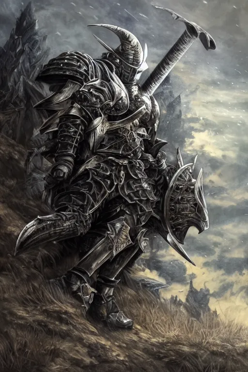 Image similar to a full body shot of an azure knight warrior by Kentaro Miura, Wolf themed armour, colored by Ronda Pattison, heavy armor, kingdom under fire in the background, dark colors, highly detailed, trending on artstation, CGsociety, exquisite detail, post-processing, masterpiece, volumetric lighting, cinematic, hypermaximalistic, high details, cinematic, 8k resolution, beautiful detailed, insanely intricate details