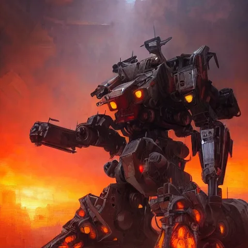 Prompt: portrait of timberwolf battlemech on fire, battle damage, sunset glow around head, full body portrait, intricate, elegant, highly detailed, digital painting, artstation, concept art, smooth, sharp focus, illustration, art by artgerm and greg rutkowski and alphonse mucha, background is a city in ruins