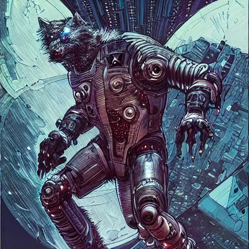 Image similar to portrait of a cybernetic werewolf warrior with white fur and power armor, cyberpunk concept art by josan gonzales and moebius and enki bilal and and dan mumford and jean claude meziere and philippe druilleg