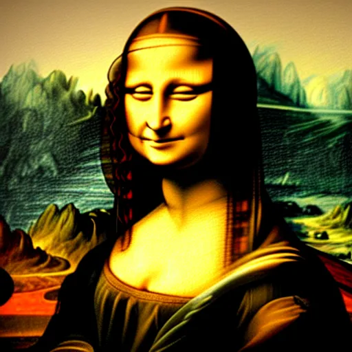 Prompt: wide shot of the original painting of mona lisa hanging on the wall, the wall is on fire, smoke, haze, cinematic