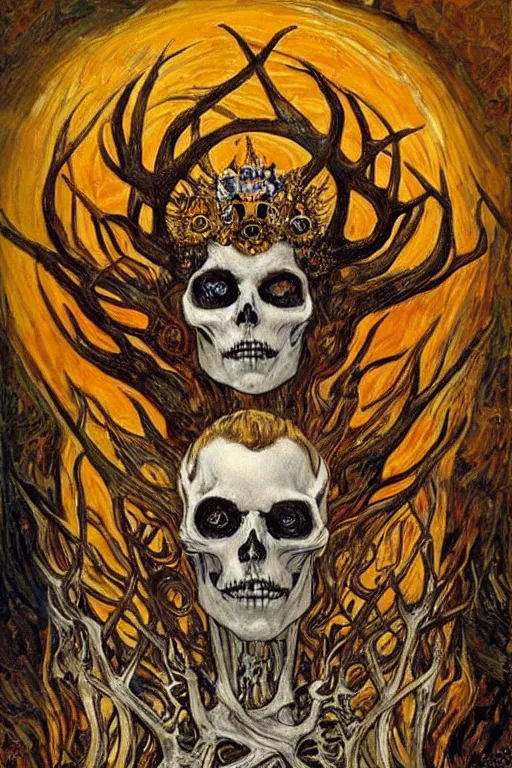 Image similar to The King of Bones by Karol Bak, Jean Deville, Gustav Klimt, and Vincent Van Gogh, portrait of a majestic demonic undead king, undead, lich lord, eyes on fire, fire in eyes, mystic eye, otherworldly, crown made of bones, antlers, horns, ornate jeweled crown, skull, fractal structures, arcane, inferno, inscribed runes, infernal relics, ornate gilded medieval icon, third eye, spirals, rich deep moody colors