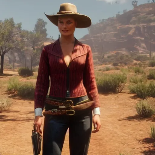 Image similar to margot robbie in red dead redemption 2, highly detailed