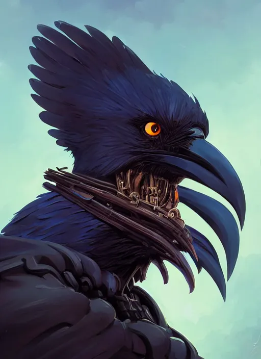 Image similar to anthropomorphic raven cyborg character portrait, cloak, game design fanart by concept artist gervasio, behance hd by jesper ejsing, by rhads, h. r. giger, makoto shinkai and lois van baarle, ilya kuvshinov