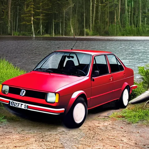 Image similar to a volkswagen jetta mk 2 by a lakeside forest, hyper realistic